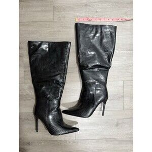 Women’s Black Croc Embossed Knee High Stiletto Boots Pointed Toe Size US10 UK 8